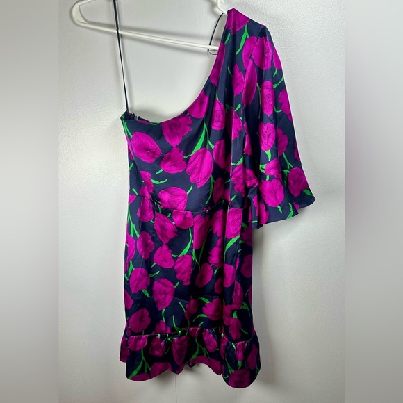 MELLODAY Pink and Navy Floral One Shoulder Ruffled Dress size Large - Picture 3 of 10